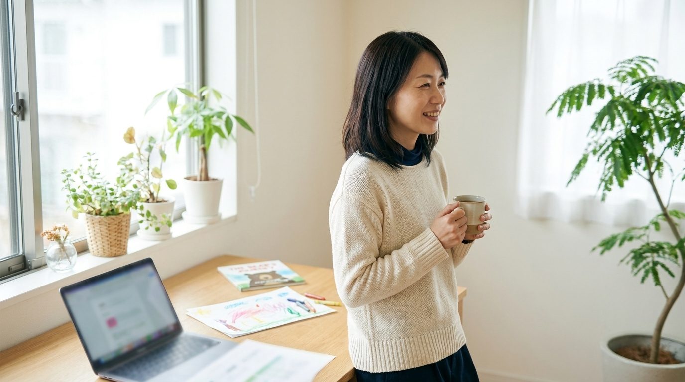 明るい仕事部屋の窓辺で、お茶を飲みながら笑顔でくつろぐ女性