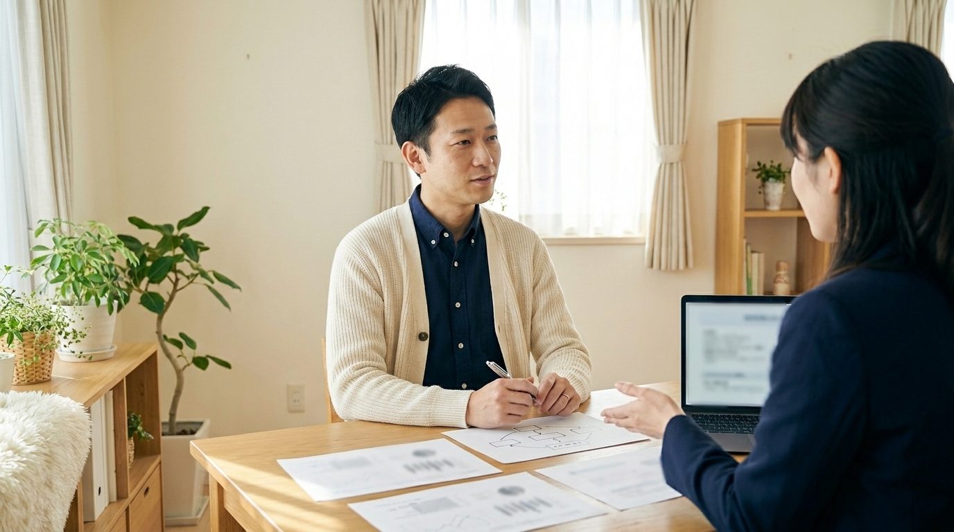 テーブルをはさんで、1対1で個別コンサルティングを受けている男性
